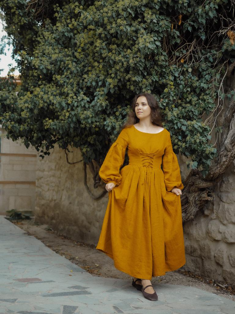 Платье "Луиза" из темно-горчичного льна