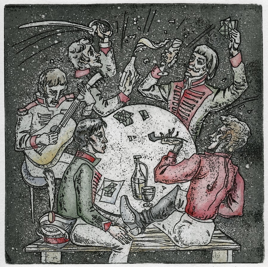 Офорт"Кавалерист-девица отдых" 20x20см.2024