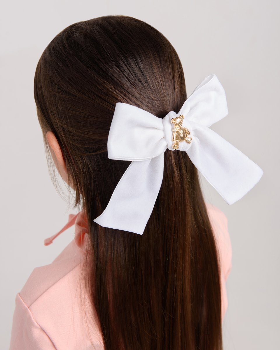 Заколка бархатная "Золотой мишка"  BIG SIZE цвет : белый