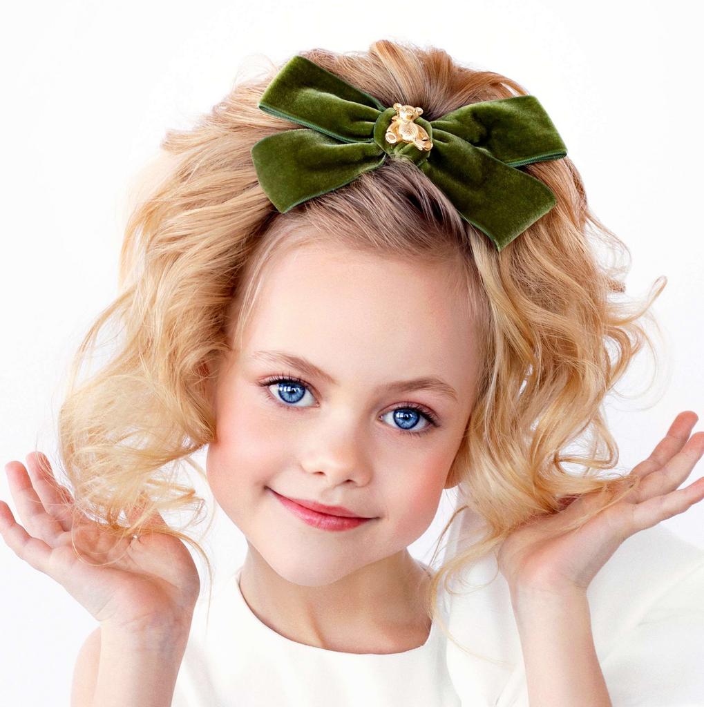 Заколка бархатная "Золотой мишка" цвет : оливковый