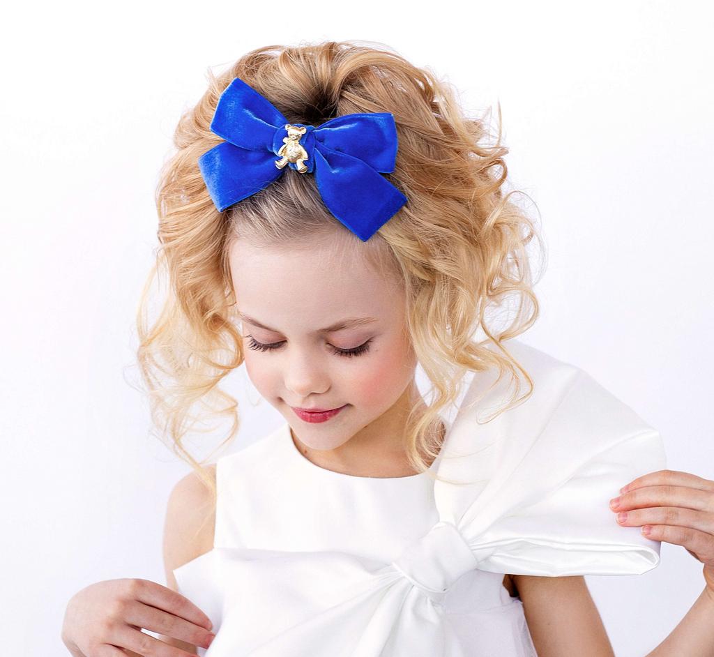 Заколка бархатная "Золотой мишка" цвет : синий