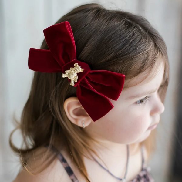 Заколка бархатная "Золотой мишка" цвет : бордовый