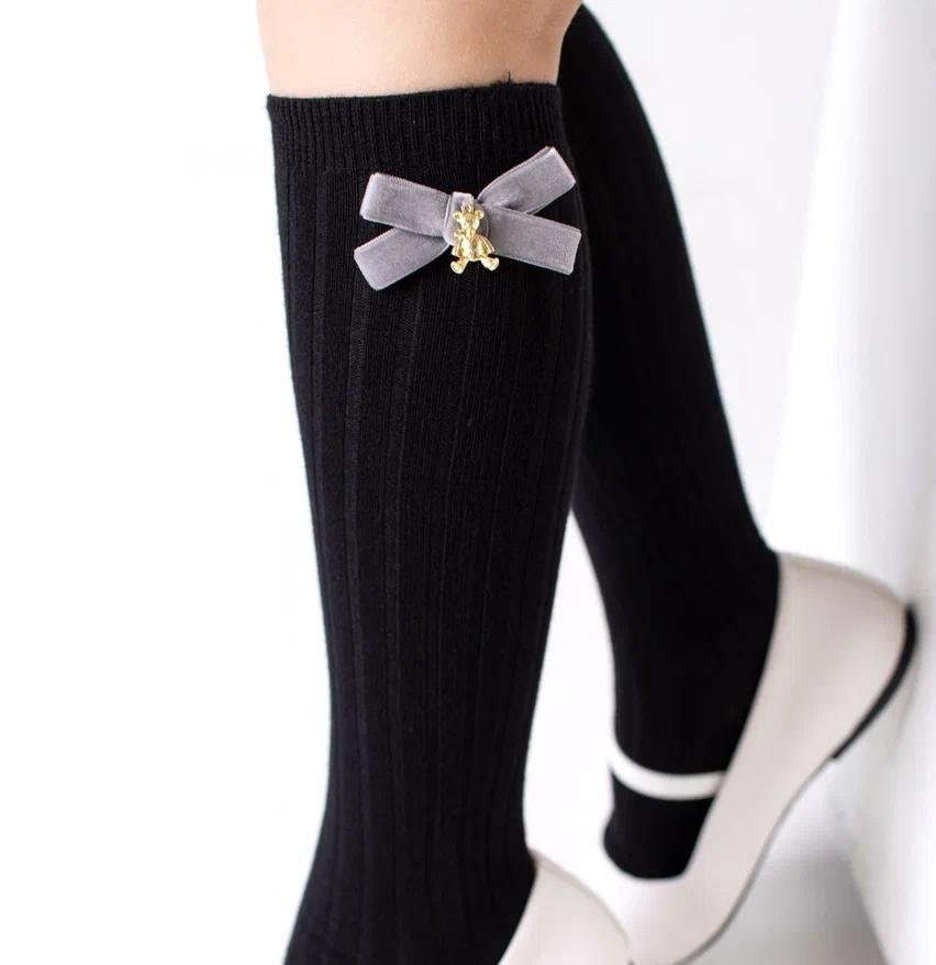 Гольфы RIB "Золотой мишка с бархатным бантиком XS" цвет: черный/серый