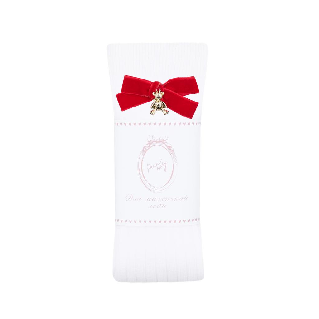 Гольфы RIB "Золотой мишка с бархатным бантиком XS" цвет: белые/красный