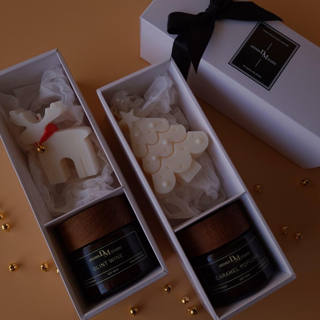 Новогодний подарочный бокс "аромасвеча + елочка / олень / печенька"