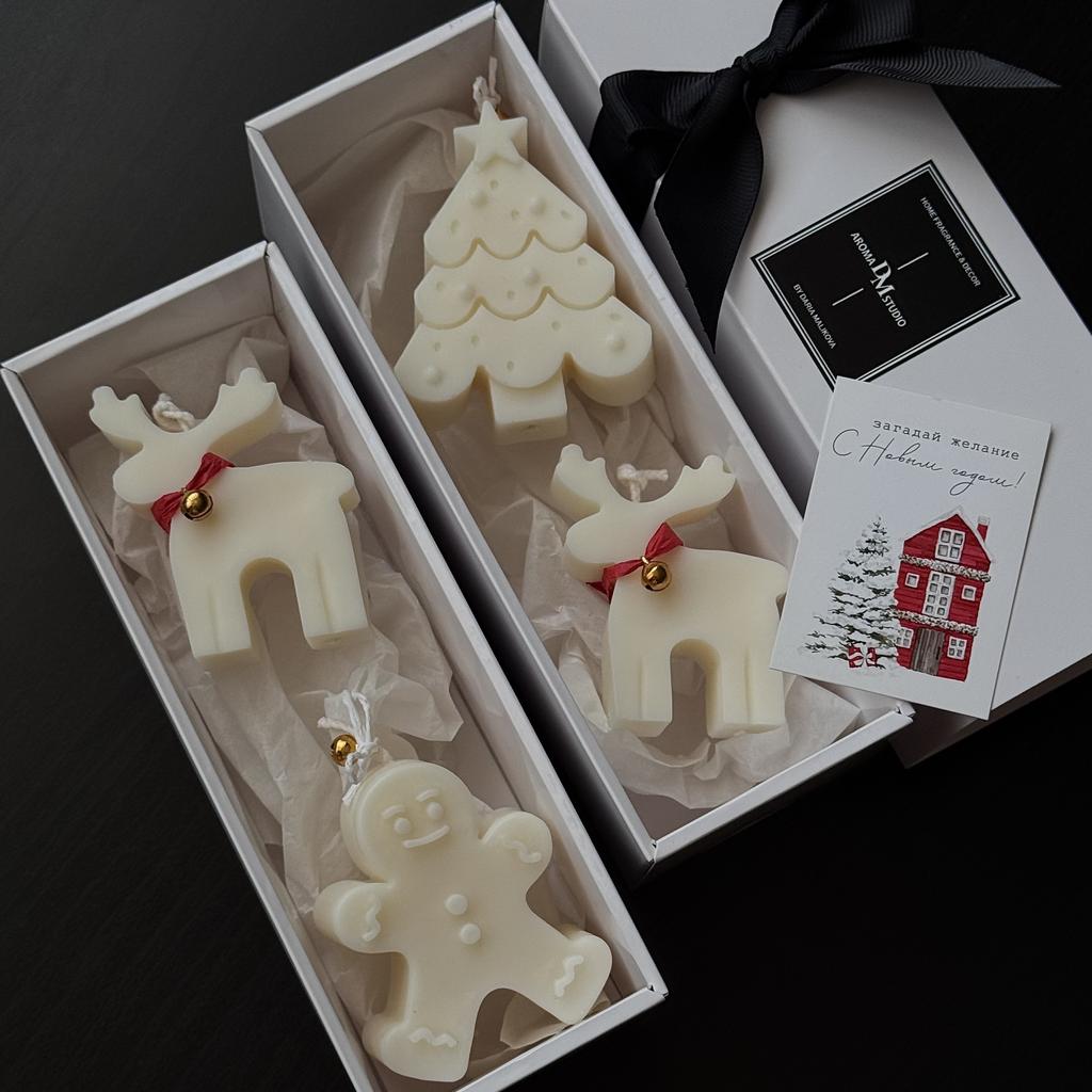 Новогодний набор из 2х  интерьерных свечей: печенька/ёлочка + олень Рудольф