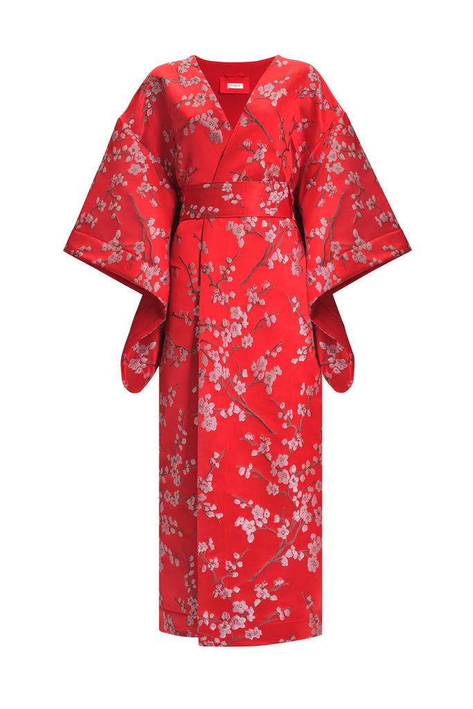 красное кимоно kyoto из жаккарда с вышивкой