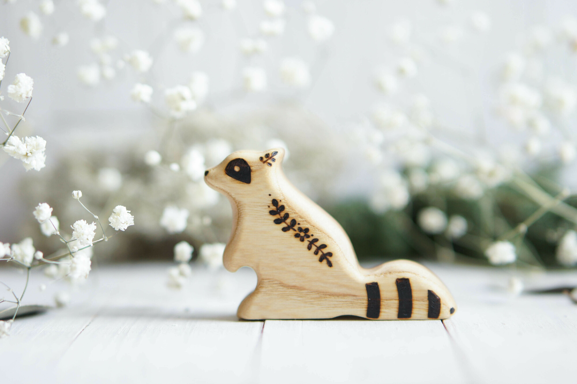 Wooden sitting baby raccoon