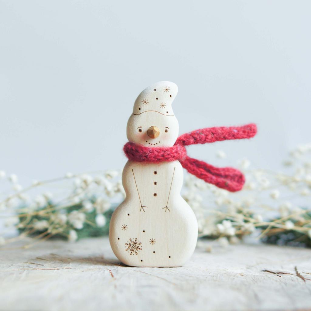 Wooden Snowman toy with a red scarf (with sparkle)