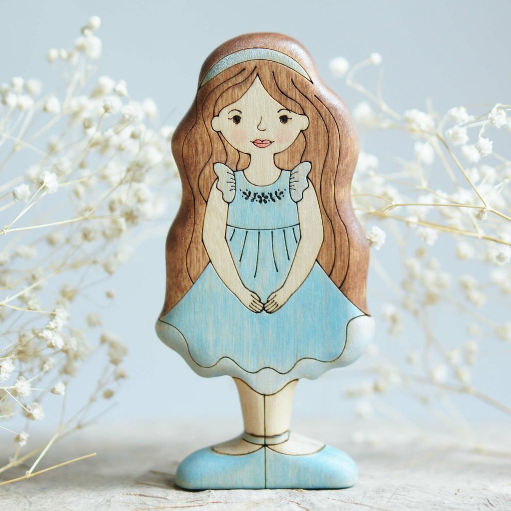 Doll in a blue dress (light skin) brunette