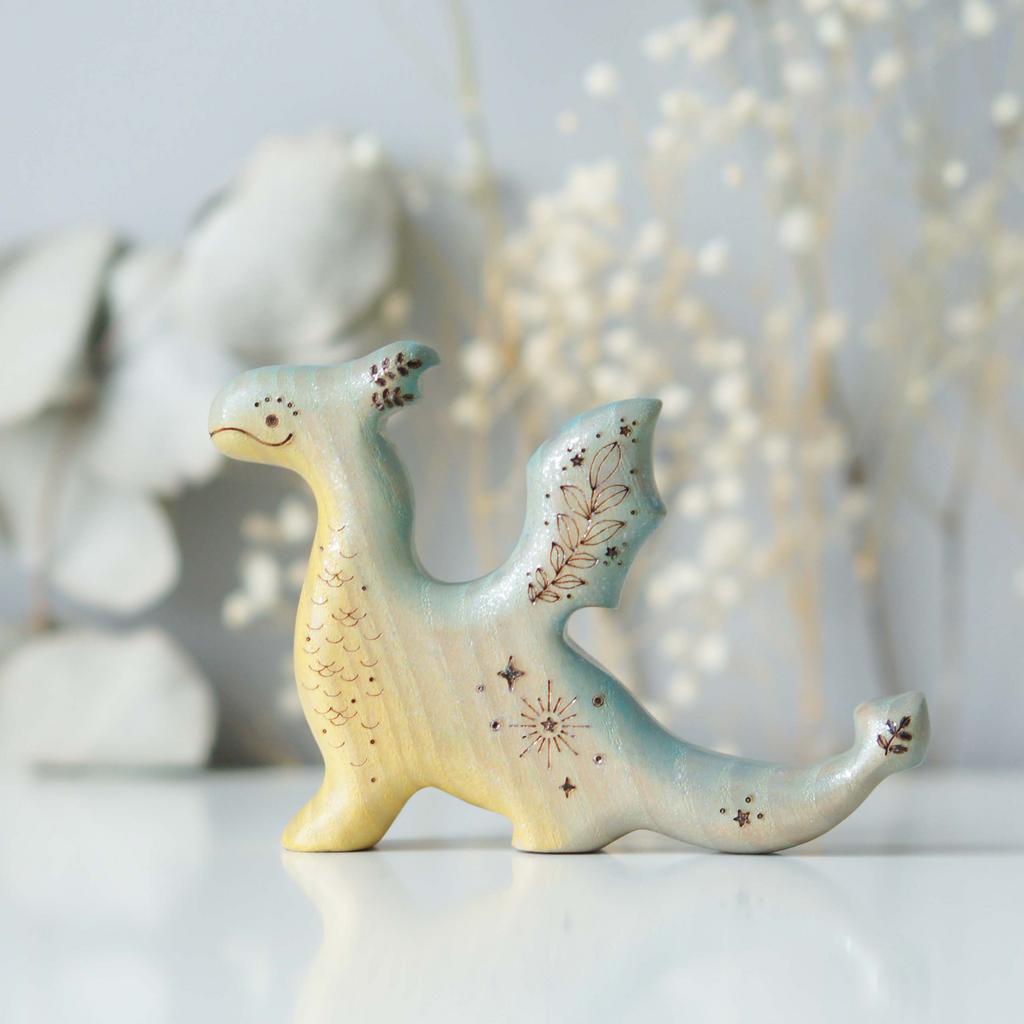 Wooden baby dragon toy (blue and silver sparkle)