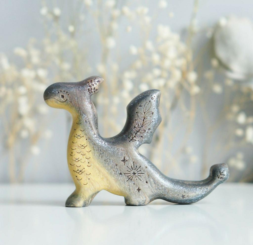 Wooden baby dragon toy (black and silver sparkle)