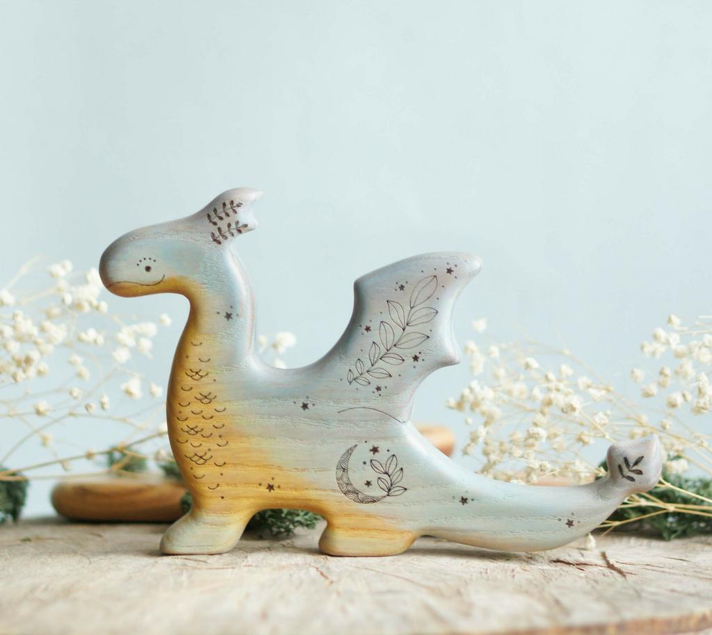 Dragon wooden toy (blue with silver sparkle)
