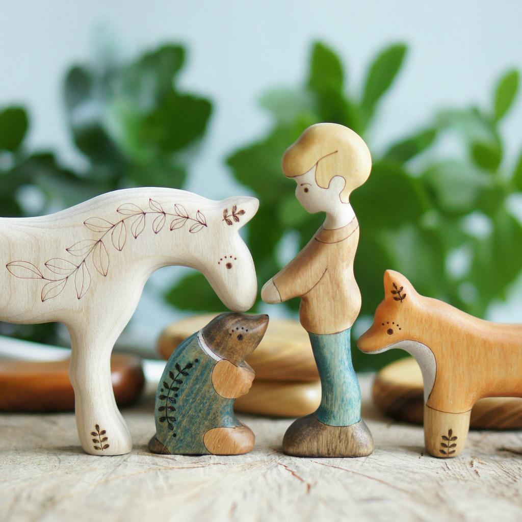 Boy, Mole, Fox and Horse wooden toy set (4pcs)