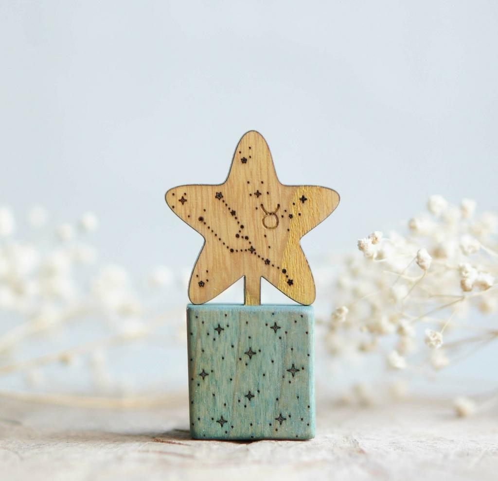 Wooden star zodiac Taurus with gift stand