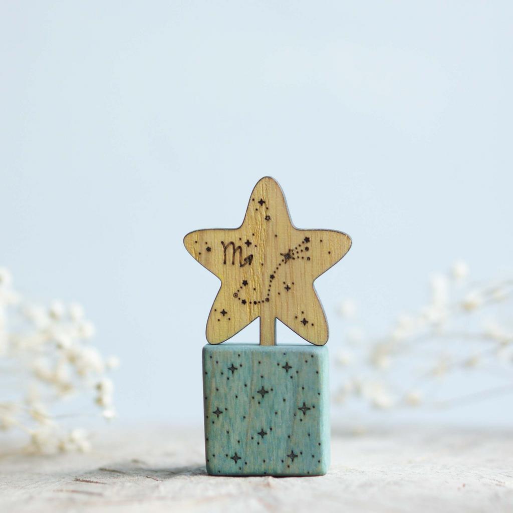 Wooden star zodiac Scorpio with gift stand