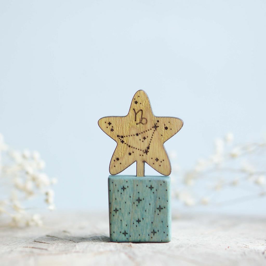 Wooden star zodiac Capricorn with gift stand