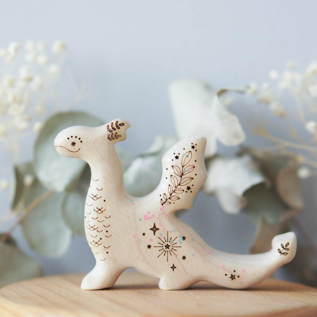 Wooden baby dragon toy (natural with sparkle confetti)