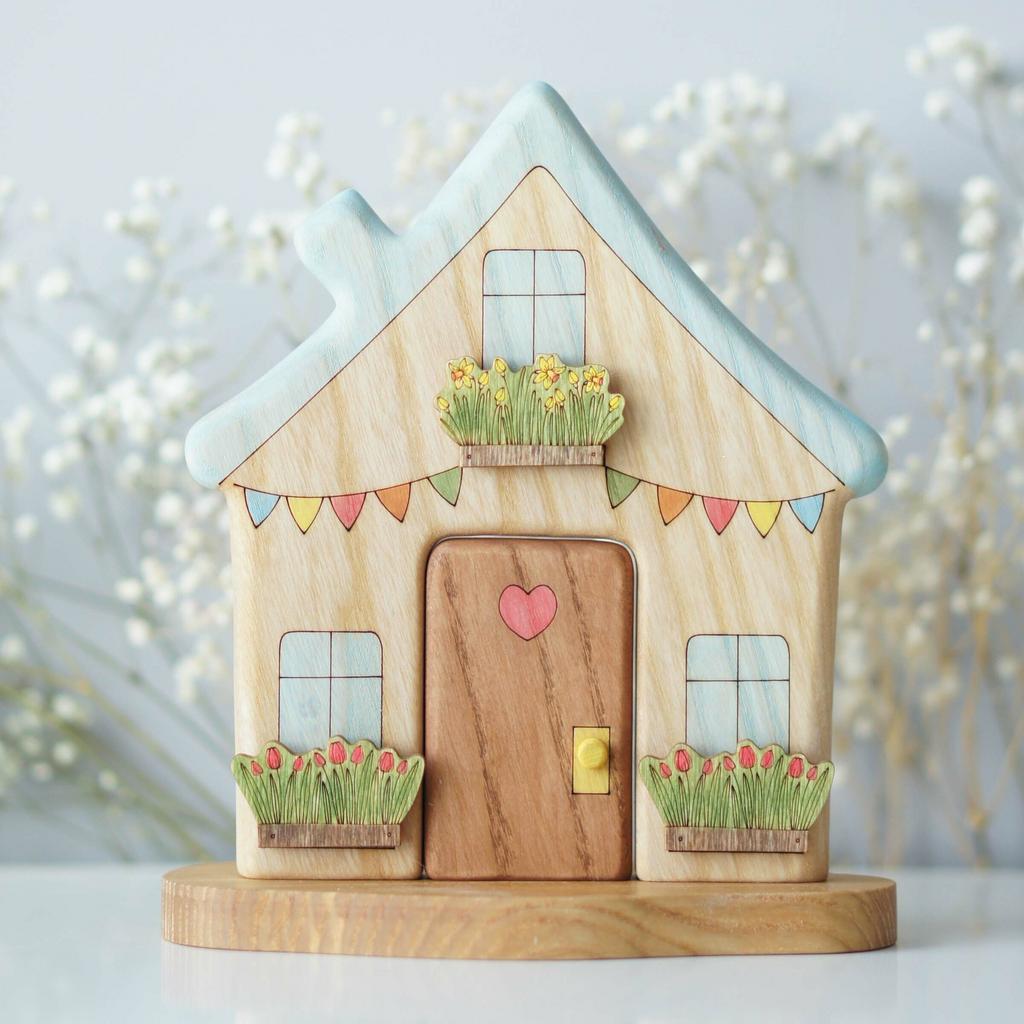 House natural with blue roof wooden toy