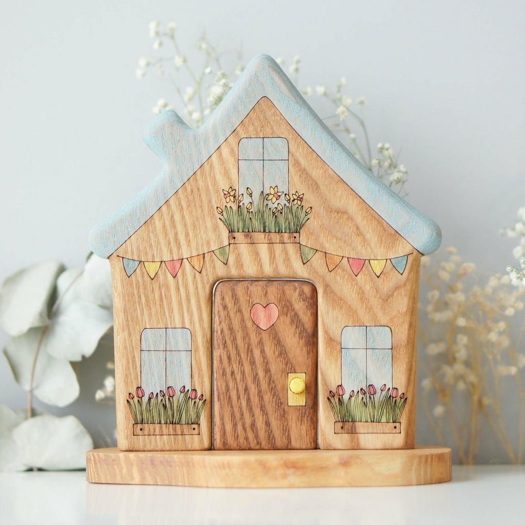 House natural with blue roof wooden toy