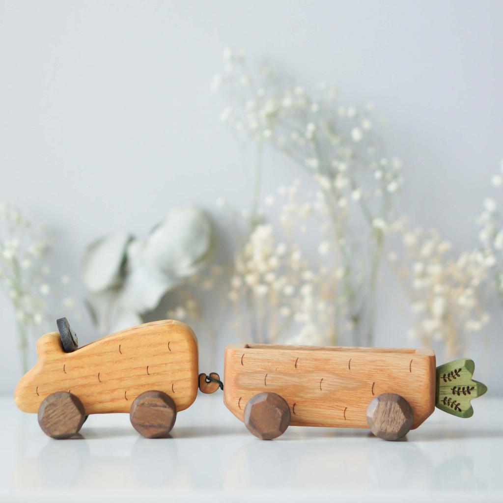 Carrot car with trailer wooden toy