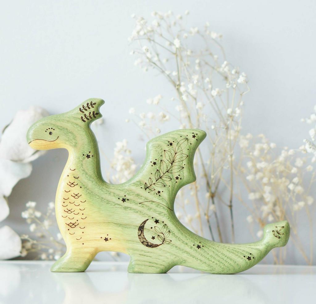 Dragon wooden toy (green with gold sparkle)