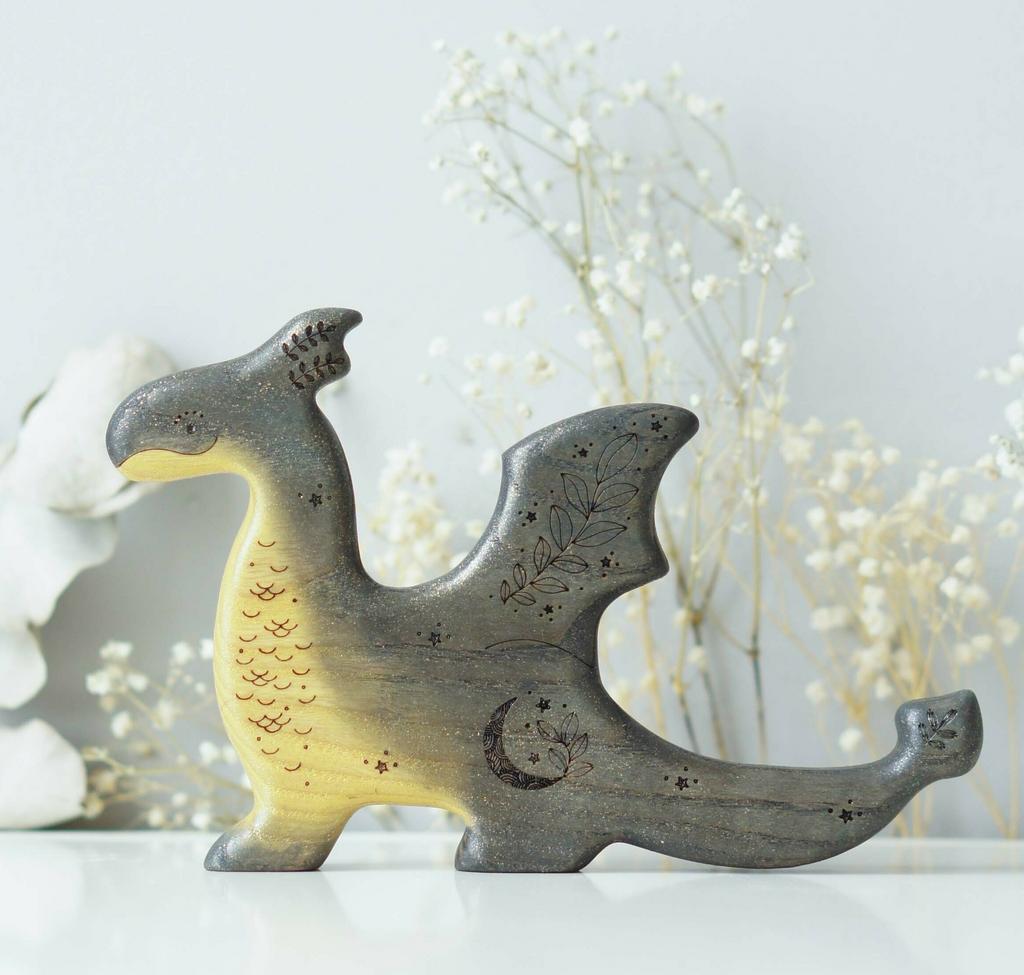 Dragon wooden toy (black with gold sparkle)