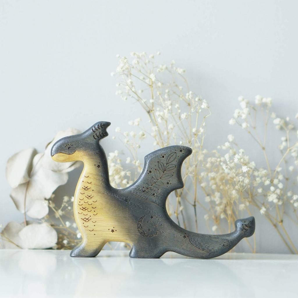 Dragon wooden toy (black with silver sparkle)