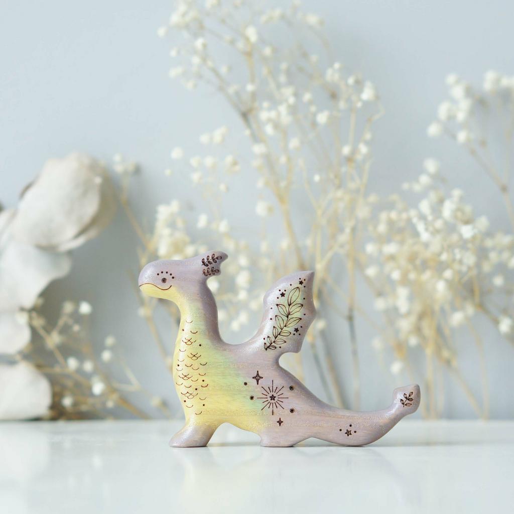 Wooden baby dragon toy (lilac and silver sparkle)