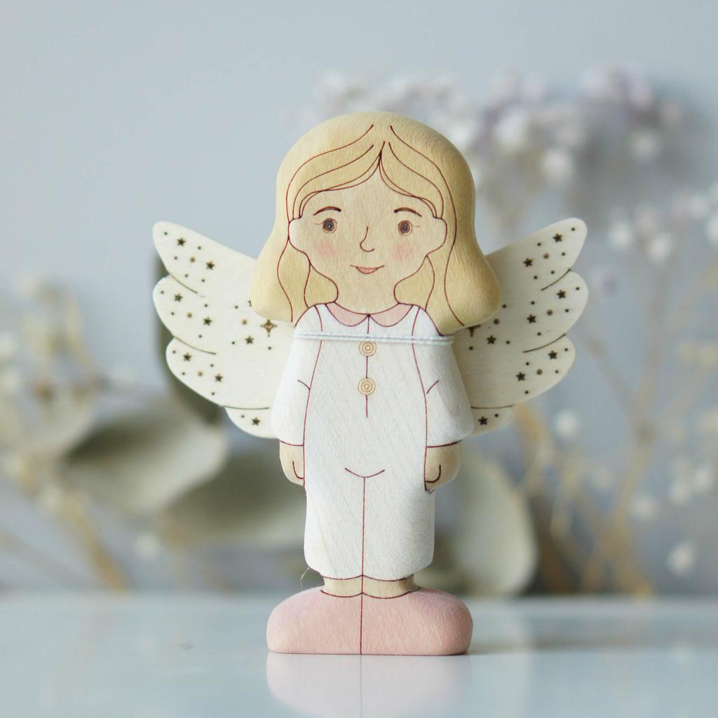 Girl (in white) blonde (light skin)  with angel wings