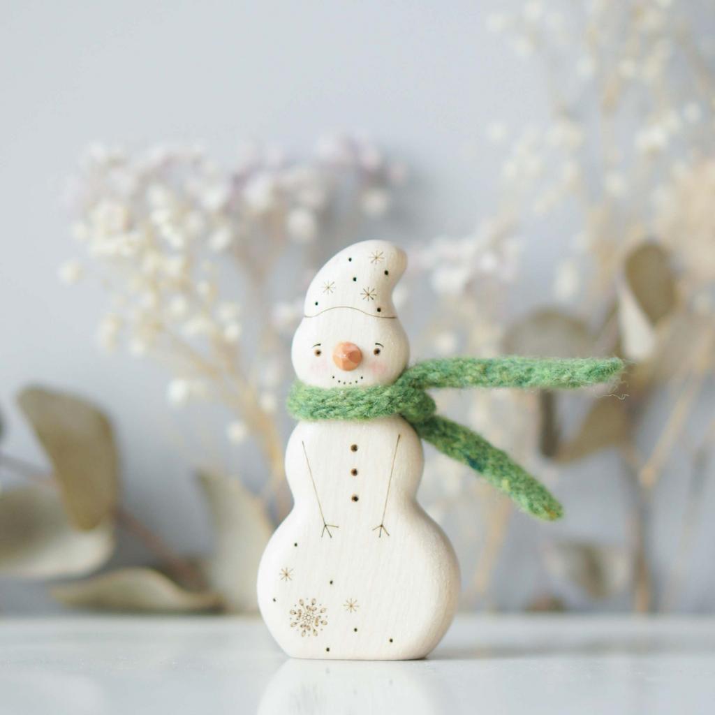 Wooden Snowman toy with a green scarf (with sparkle)