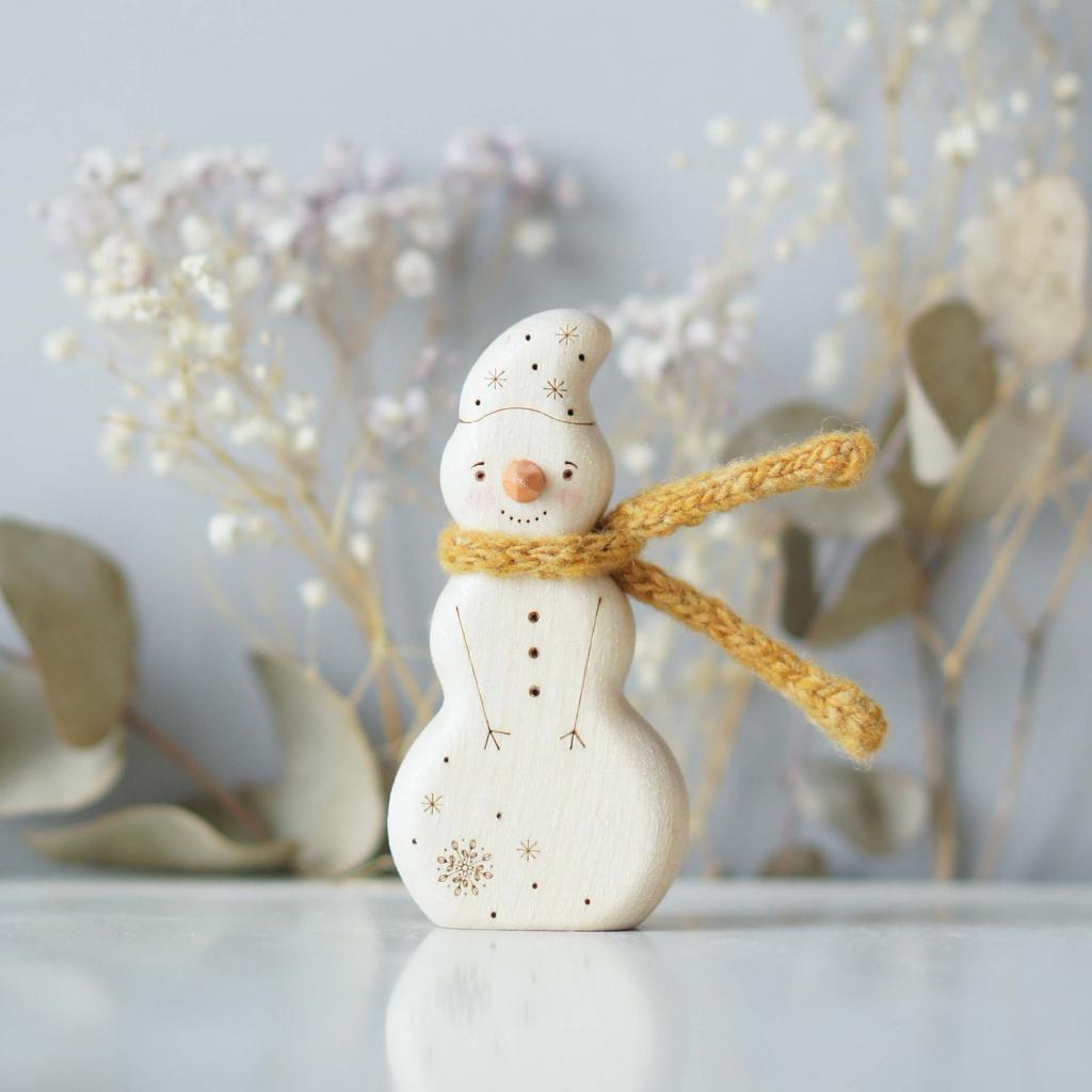 Wooden Snowman toy with a yellow scarf (with sparkle)
