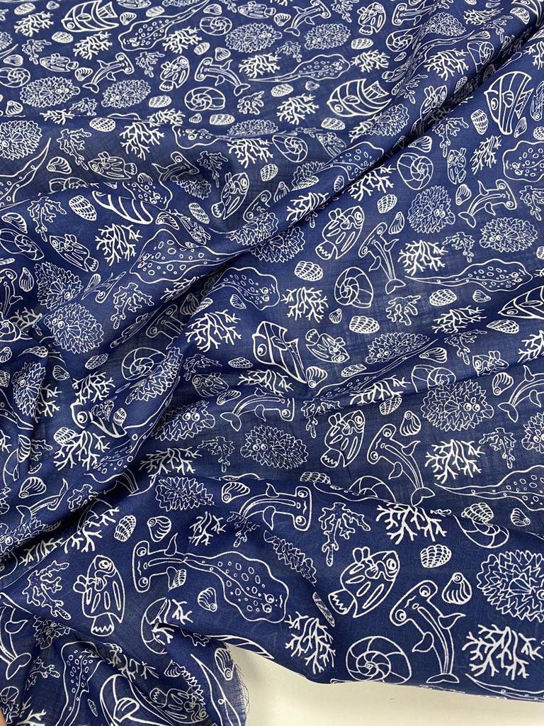Хлопок батист "Морские звери на синем"