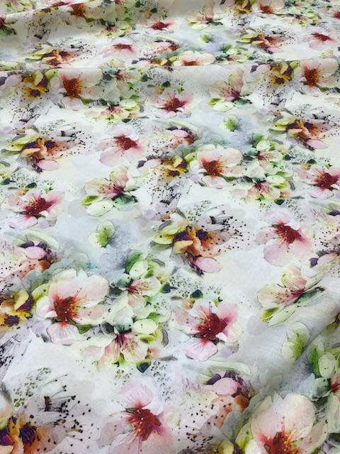 Лён костюмный с принтом "Яблоневый цвет"