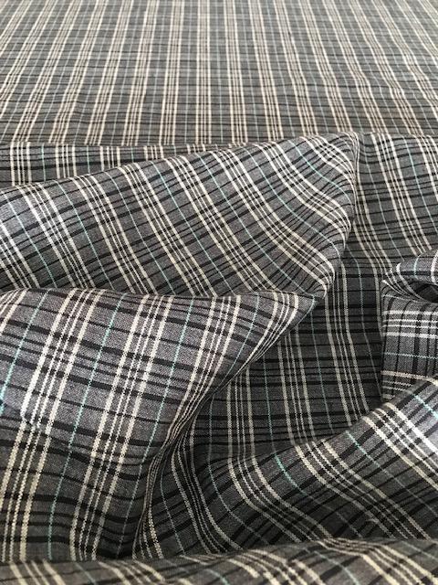 Лён с шерстью  "Серая клетка с бирюзовой полоской"