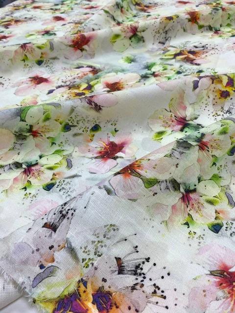 Отрез Лён костюмный с принтом "Яблоневый цвет" - 2,87м