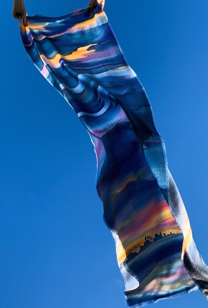 Шерстяной расписной шарф Закат море город Батик