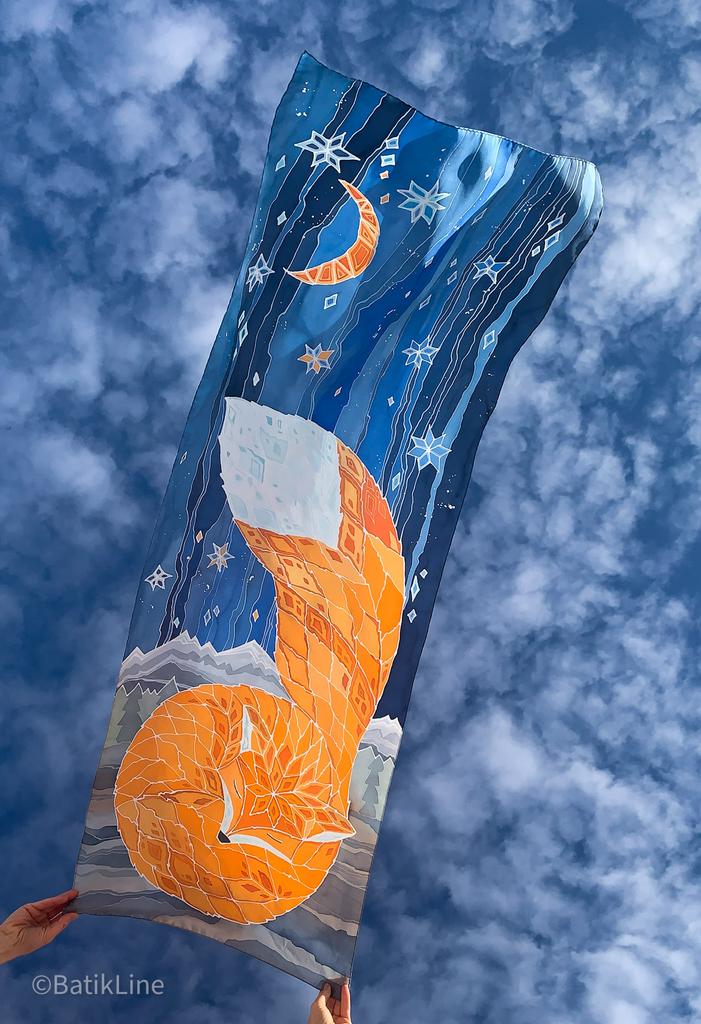 Шёлковый шарф "Лисица и месяц"