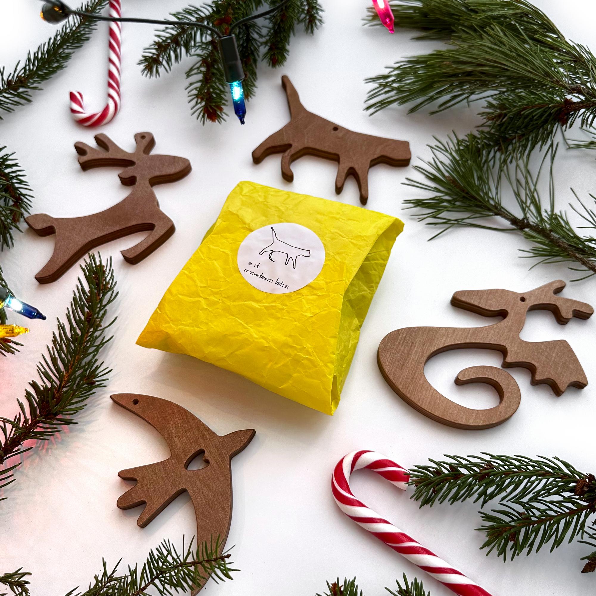 Мини-коллекция "Звери". Деревянные ёлочные игрушки (4 шт в наборе)