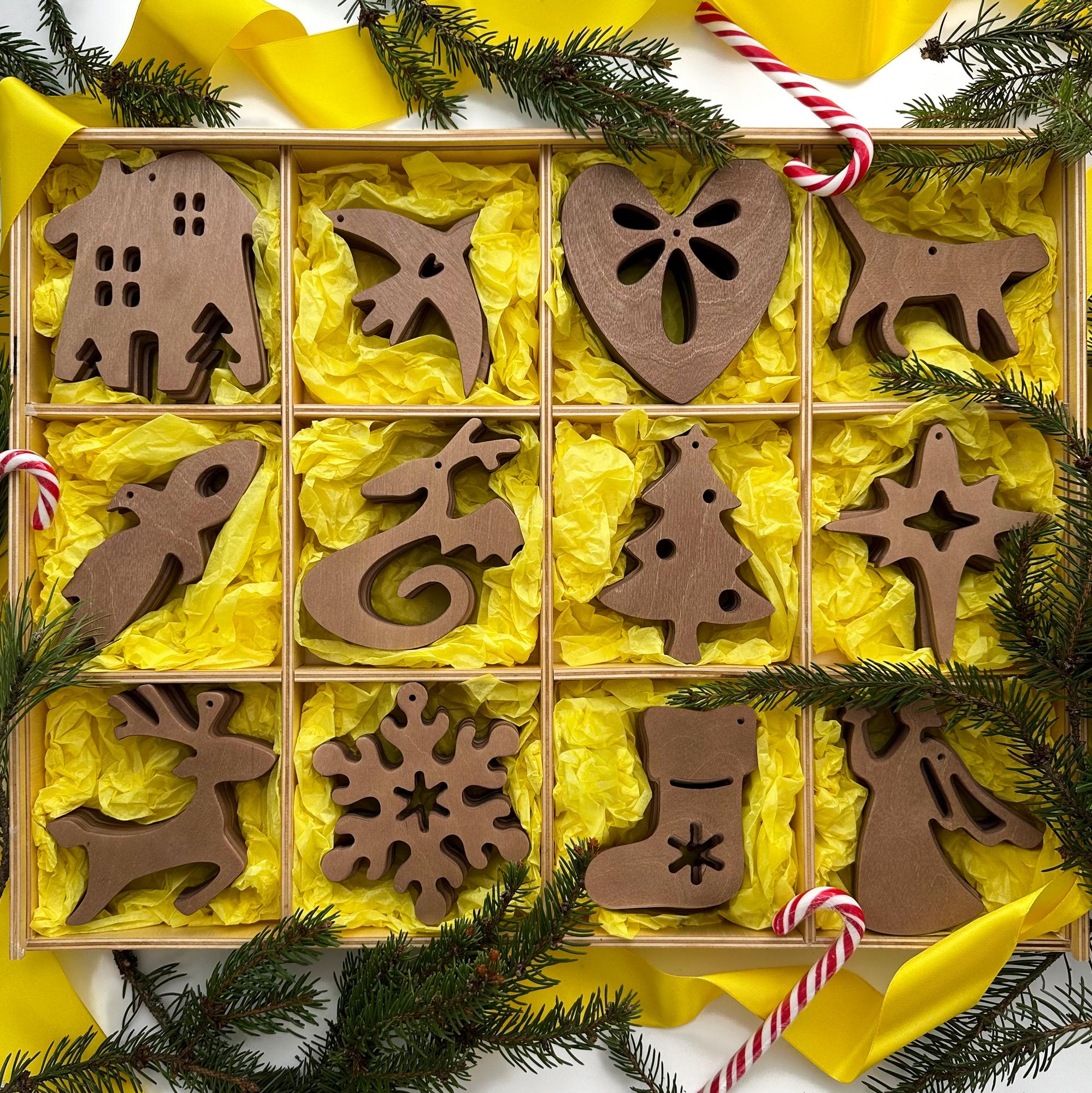 Коллекция "Ассорти". Деревянные ёлочные игрушки (36 шт в наборе)