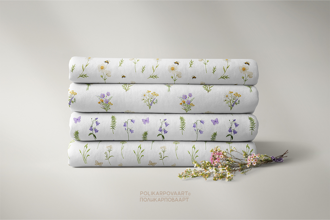 Коллекция "Летние Полевые Цветы" - акварельные иллюстрации и паттерны, цветочные букеты и венки