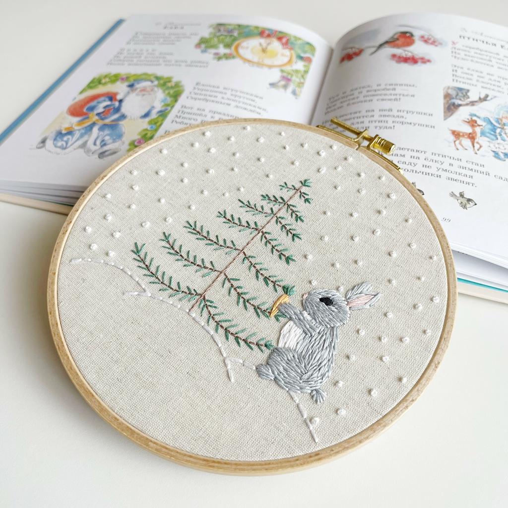 Схема для вышивки  + видеоурок "Зайчик в лесу" для пялец 18 см. Уровень сложности: низкий