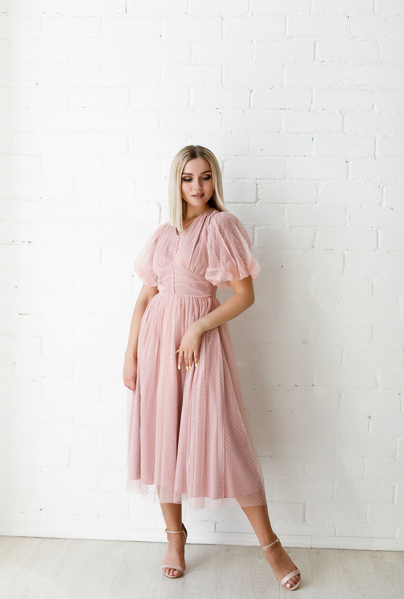 Коктейльное платье миди  "Эда"  пудра