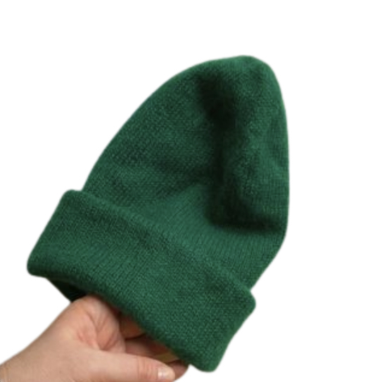 КАШЕМИРОВАЯ ДВОЙНАЯ ШАПКА С ОТВОРОТОМ, ФРАНЦУЗСКАЯ ЗЕЛЕНЬ