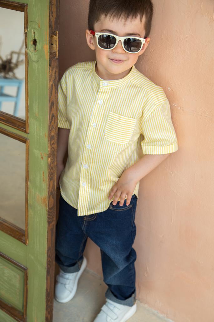 Рубашка "Желтая полоска" с коротким рукавом и воротником стойка