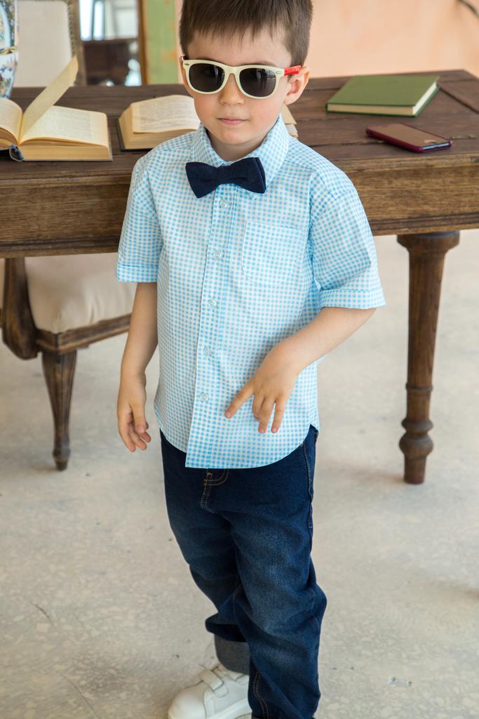 Рубашка "Голубая клетка" с коротким рукавом и отложным воротником