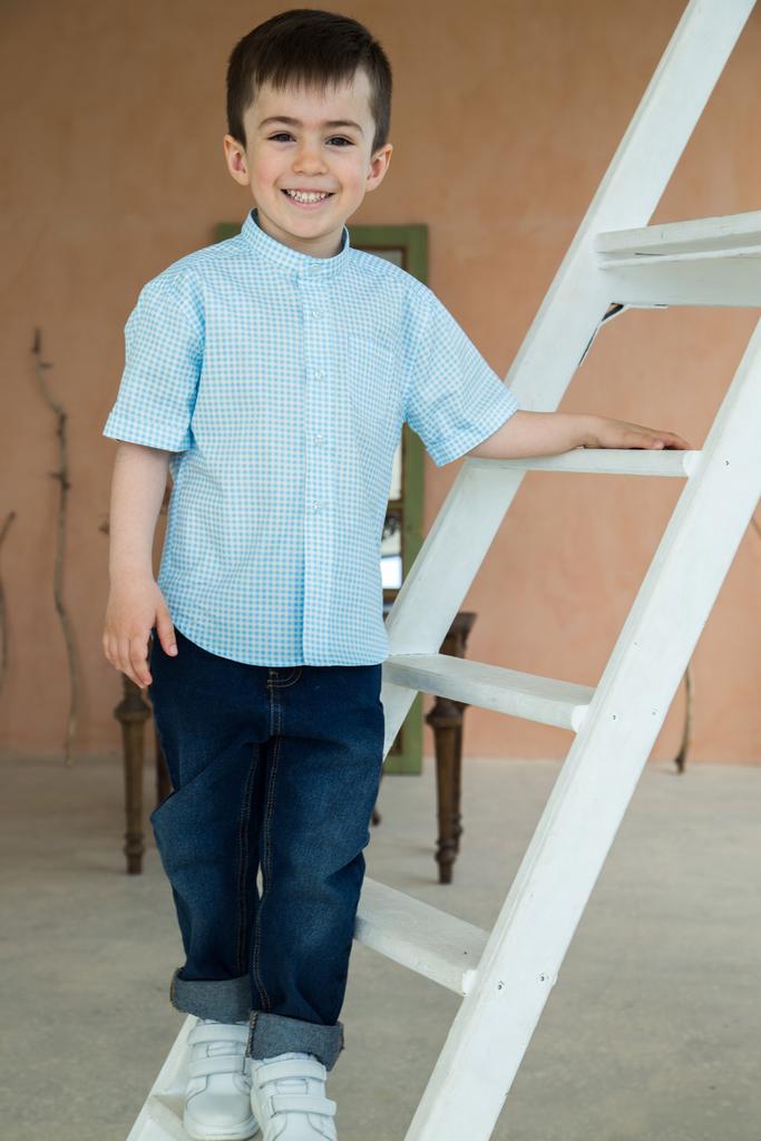 Рубашка "Голубая клетка" с коротким рукавом и воротником cтойка