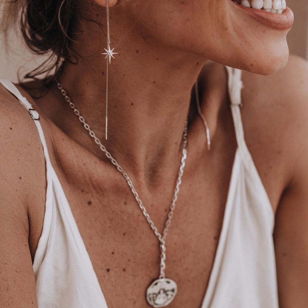 Серьги подвески Звезда с белым топазом (Ag 925)