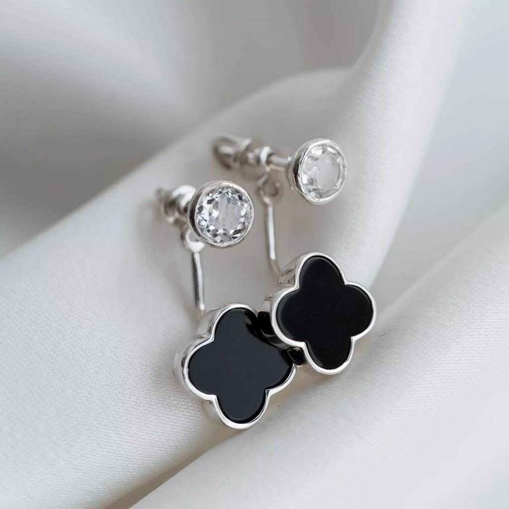 Гвоздики клевер с чёрным ониксом и белым топазом (Ag 925)