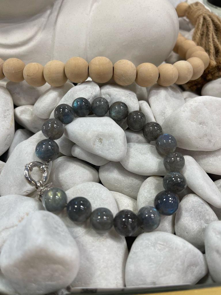 Браслет с крупными бусинами лабрадорита и цирконом (Ag 925)